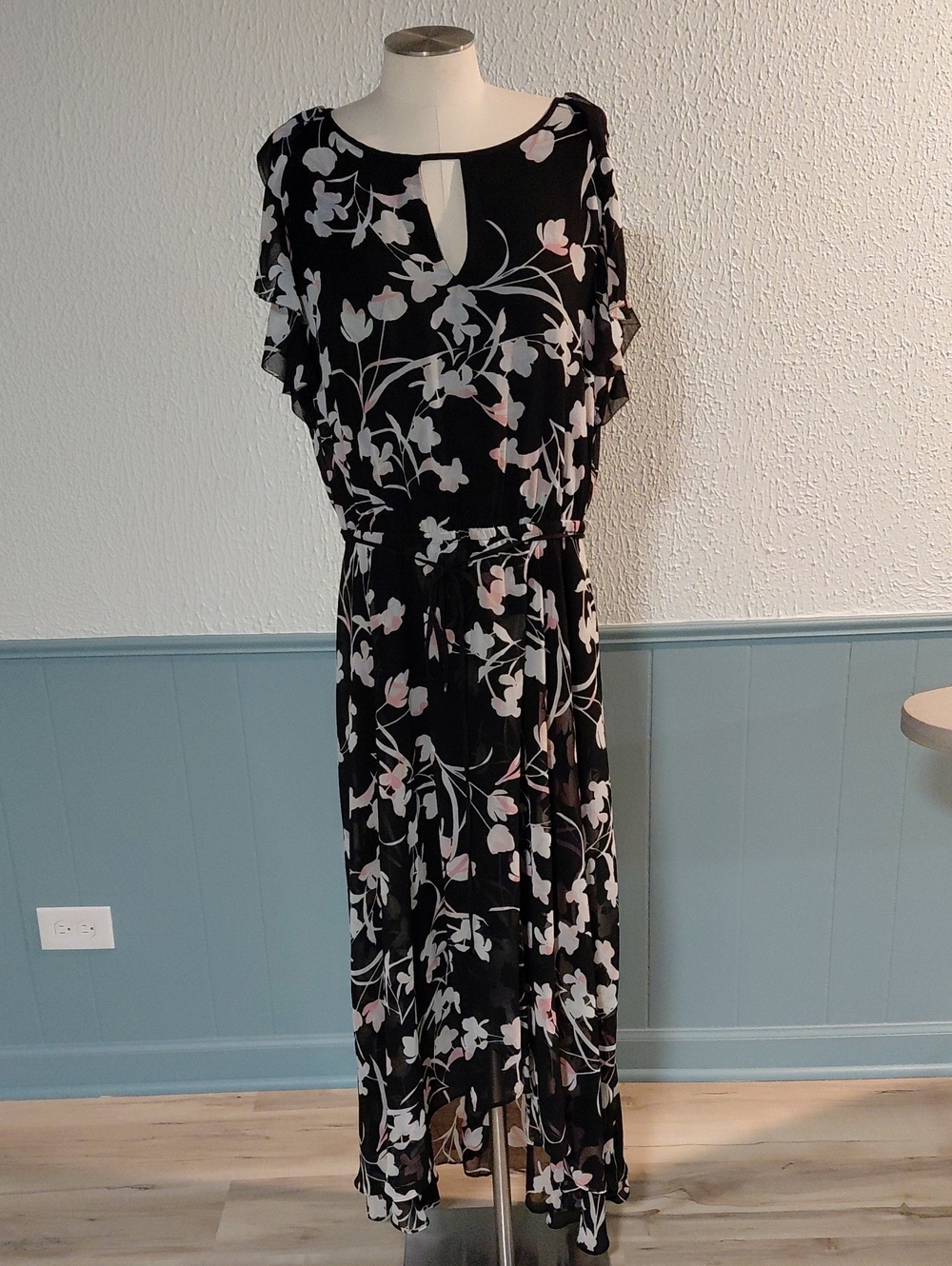 White House Black Market Black Floral Maxi Dress with Pink and White Print